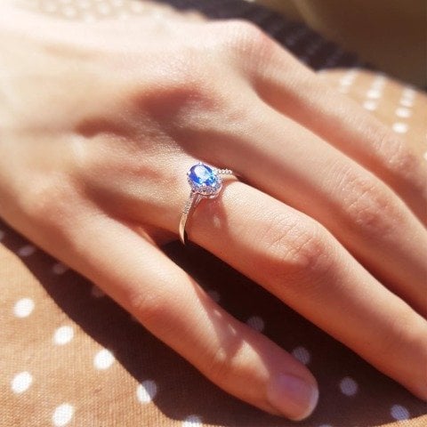 0,71 Karat Pırlanta Blue Safir Crispy Yüzük F Renk