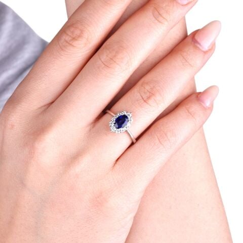 1,38 Karat Pırlantalı Safir Yüzük E F Renk