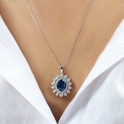 2,93 Karat Pırlantalı Safir  Kolye F Renk